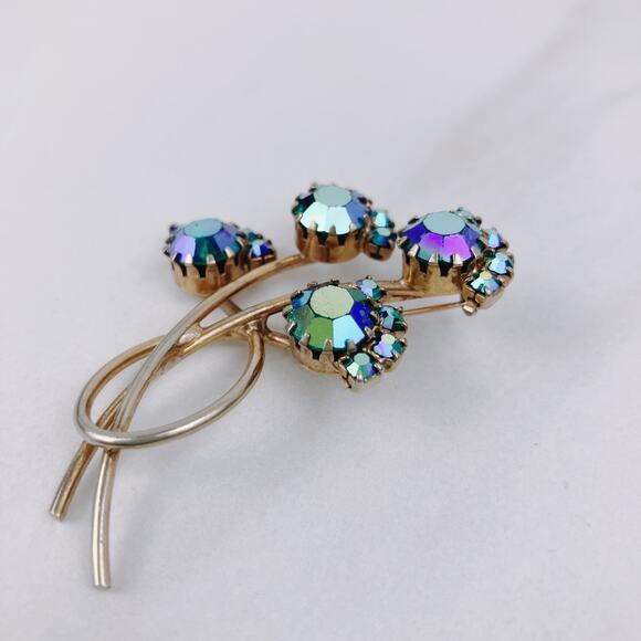 Mid Century Blue AB Rhinestone Bouquet Floral Spray Brooch, 1950s AB Vintage Pin - Picture 9 of 9